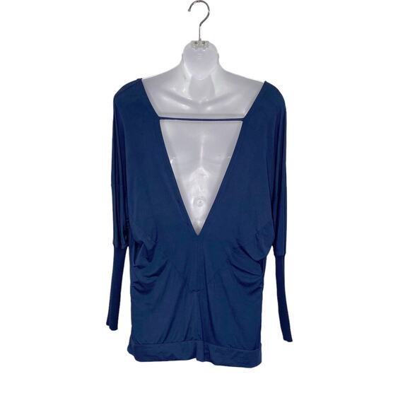 AKIRA Chicago Red Label Womens Sz M Blue Faux Suede Blouse Open Back Dolman Slve - Picture 4 of 11